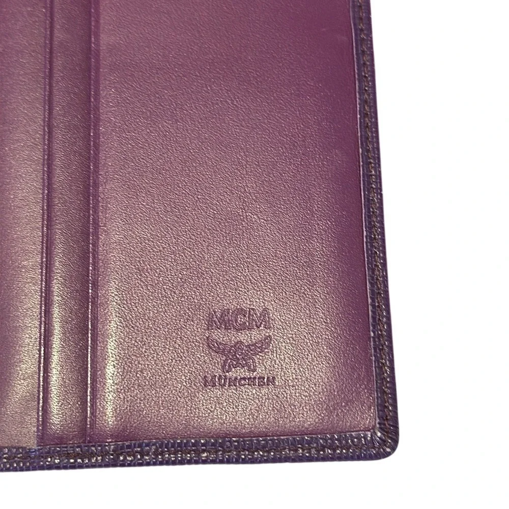 MCM Long Slim Wallet Purple Textured Leather Bifold Gold Logo Luxury